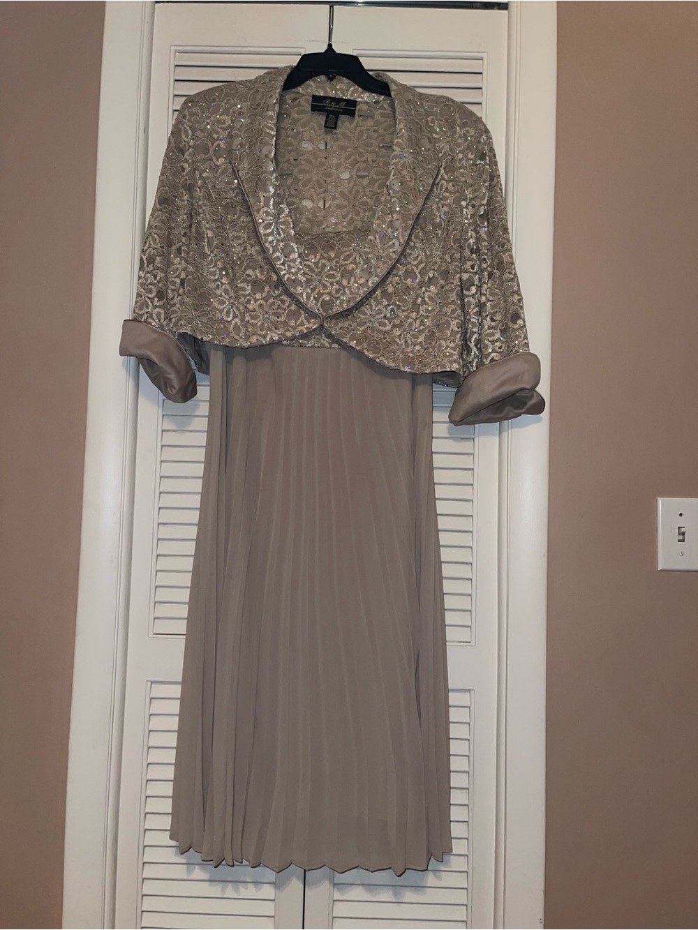 Alfani Taupe Pleated Midi Dress with Embroidered Bolero Jacket